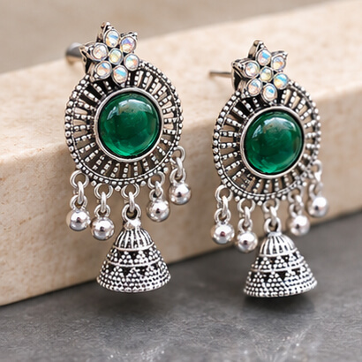 Oxidised Silver Floral Jhumka Earrings with Stone Centre & Ghungroo Drops (Green) product image 5