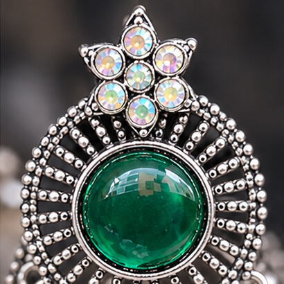 Oxidised Silver Floral Jhumka Earrings with Stone Centre & Ghungroo Drops (Green) product image 3