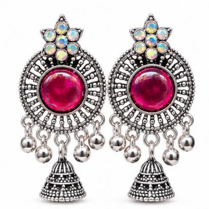 Oxidised Silver Floral Jhumka Earrings with Stone Centre & Ghungroo Drops (Magenta) product image 8