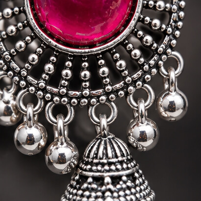 Oxidised Silver Floral Jhumka Earrings with Stone Centre & Ghungroo Drops (Magenta) product image 2