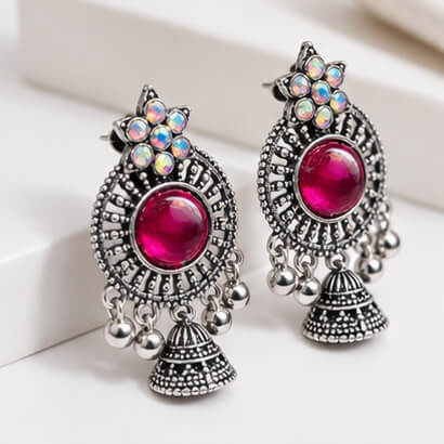 Oxidised Silver Floral Jhumka Earrings with Stone Centre & Ghungroo Drops (Magenta) product image 7
