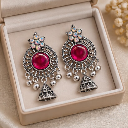 Oxidised Silver Floral Jhumka Earrings with Stone Centre & Ghungroo Drops (Magenta) product image 5