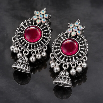 Oxidised Silver Floral Jhumka Earrings with Stone Centre & Ghungroo Drops (Magenta) product image 3