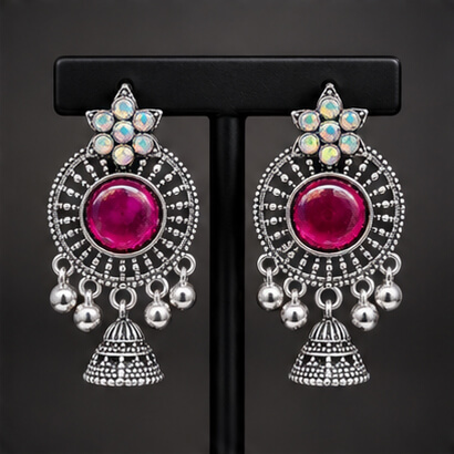 Oxidised Silver Floral Jhumka Earrings with Stone Centre & Ghungroo Drops (Magenta) product image 4