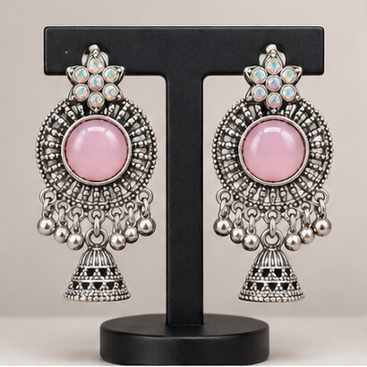 Oxidised Silver Floral Jhumka Earrings with Stone Centre & Ghungroo Drops (Light Pink) product image 3