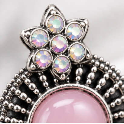 Oxidised Silver Floral Jhumka Earrings with Stone Centre & Ghungroo Drops (Light Pink) product image 5