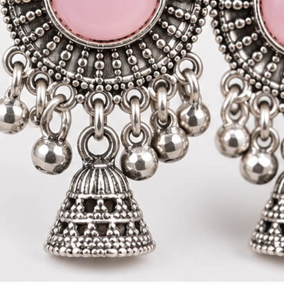 Oxidised Silver Floral Jhumka Earrings with Stone Centre & Ghungroo Drops (Light Pink) product image 4
