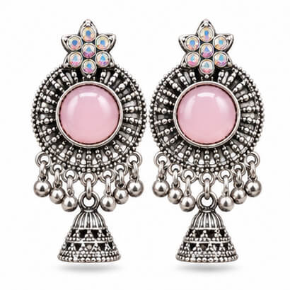 Oxidised Silver Floral Jhumka Earrings with Stone Centre & Ghungroo Drops (Light Pink) product image 2