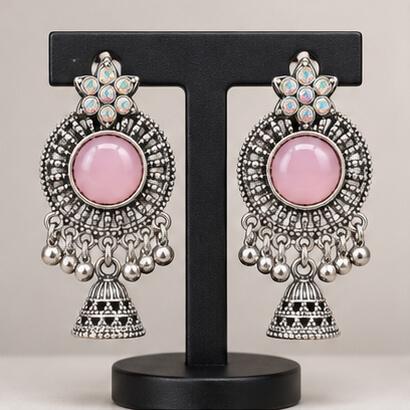 Oxidised Silver Floral Jhumka Earrings with Stone Centre & Ghungroo Drops (Light Pink) product image 6