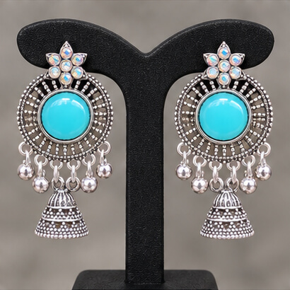 Oxidised Silver Floral Jhumka Earrings with Stone Centre & Ghungroo Drops (Sky Blue) product image 7