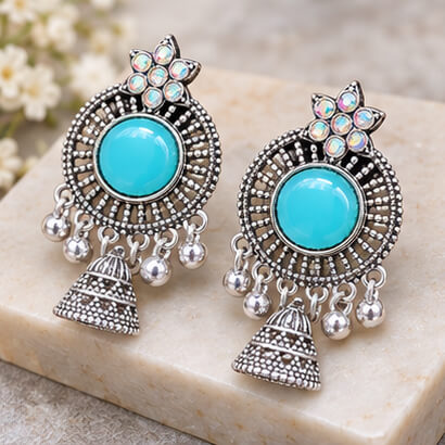 Oxidised Silver Floral Jhumka Earrings with Stone Centre & Ghungroo Drops (Sky Blue) product image 2