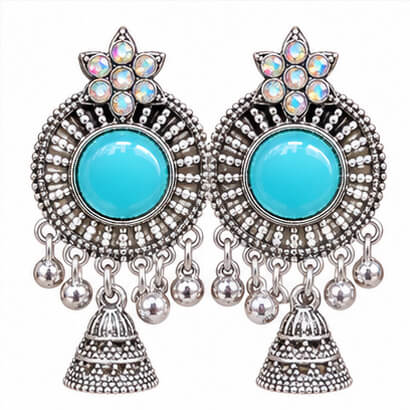 Oxidised Silver Floral Jhumka Earrings with Stone Centre & Ghungroo Drops (Sky Blue) product image 3