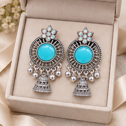 Oxidised Silver Floral Jhumka Earrings with Stone Centre & Ghungroo Drops (Sky Blue) product image 8