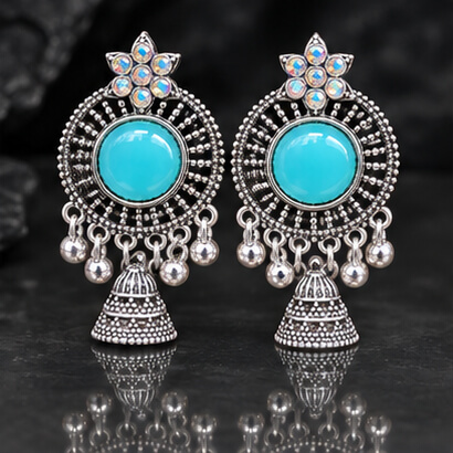 Oxidised Silver Floral Jhumka Earrings with Stone Centre & Ghungroo Drops (Sky Blue) product image 4