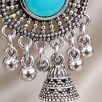 Oxidised Silver Floral Jhumka Earrings with Stone Centre & Ghungroo Drops (Sky Blue) product image 5