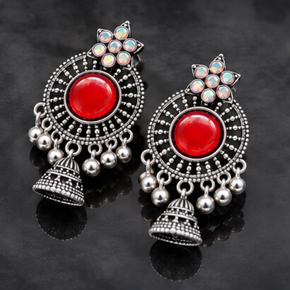 Oxidised Silver Floral Jhumka Earrings with Stone Centre & Ghungroo Drops (Red) product image 2