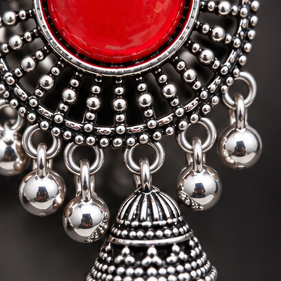 Oxidised Silver Floral Jhumka Earrings with Stone Centre & Ghungroo Drops (Red) product image 8
