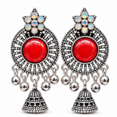 Oxidised Silver Floral Jhumka Earrings with Stone Centre & Ghungroo Drops (Red) product image 5