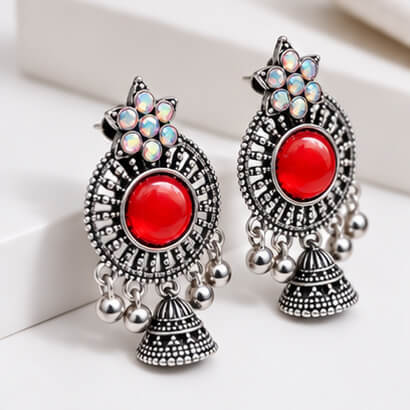 Oxidised Silver Floral Jhumka Earrings with Stone Centre & Ghungroo Drops (Red) product image 6