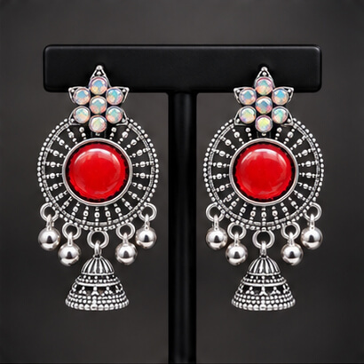 Oxidised Silver Floral Jhumka Earrings with Stone Centre & Ghungroo Drops (Red) product image 4