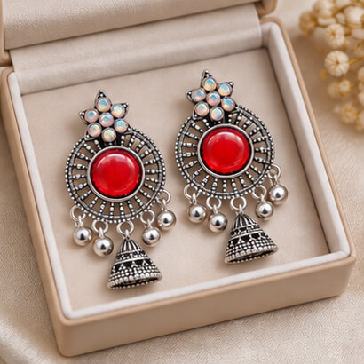 Oxidised Silver Floral Jhumka Earrings with Stone Centre & Ghungroo Drops (Red) product image 3
