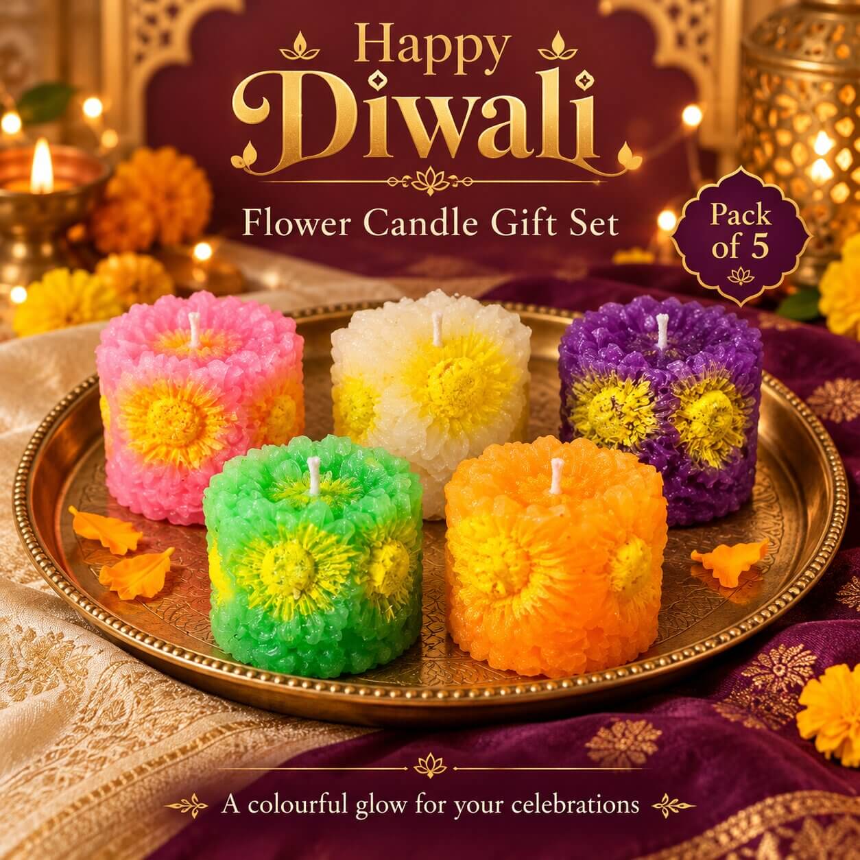 Rangoli Bloom Multicolour Flower Candle Gift Set – Pack of 5 – Heartly Wishes