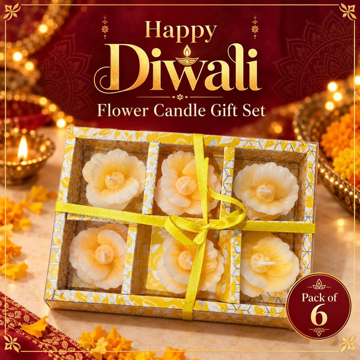 Diwali Bloom Flower Candle Gift Set – Pack of 6 (white & Yellow) – Heartly Wishes
