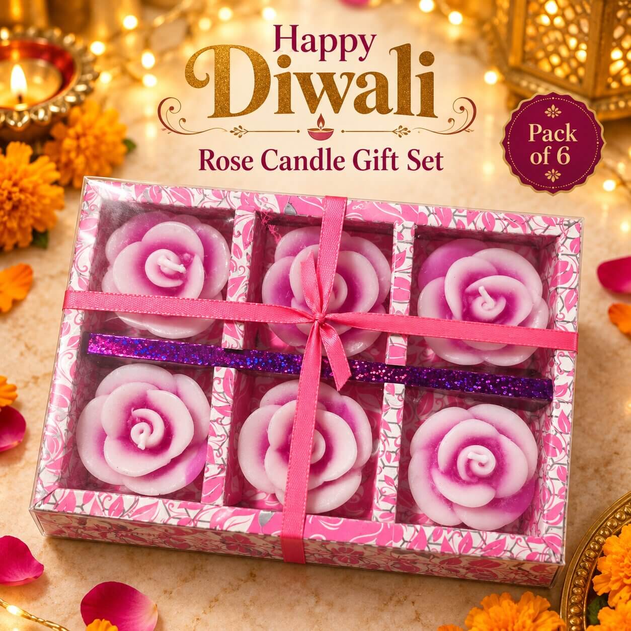 Diwali Bloom Flower Candle Gift Set – Pack of 6 (white & pink) – Heartly Wishes