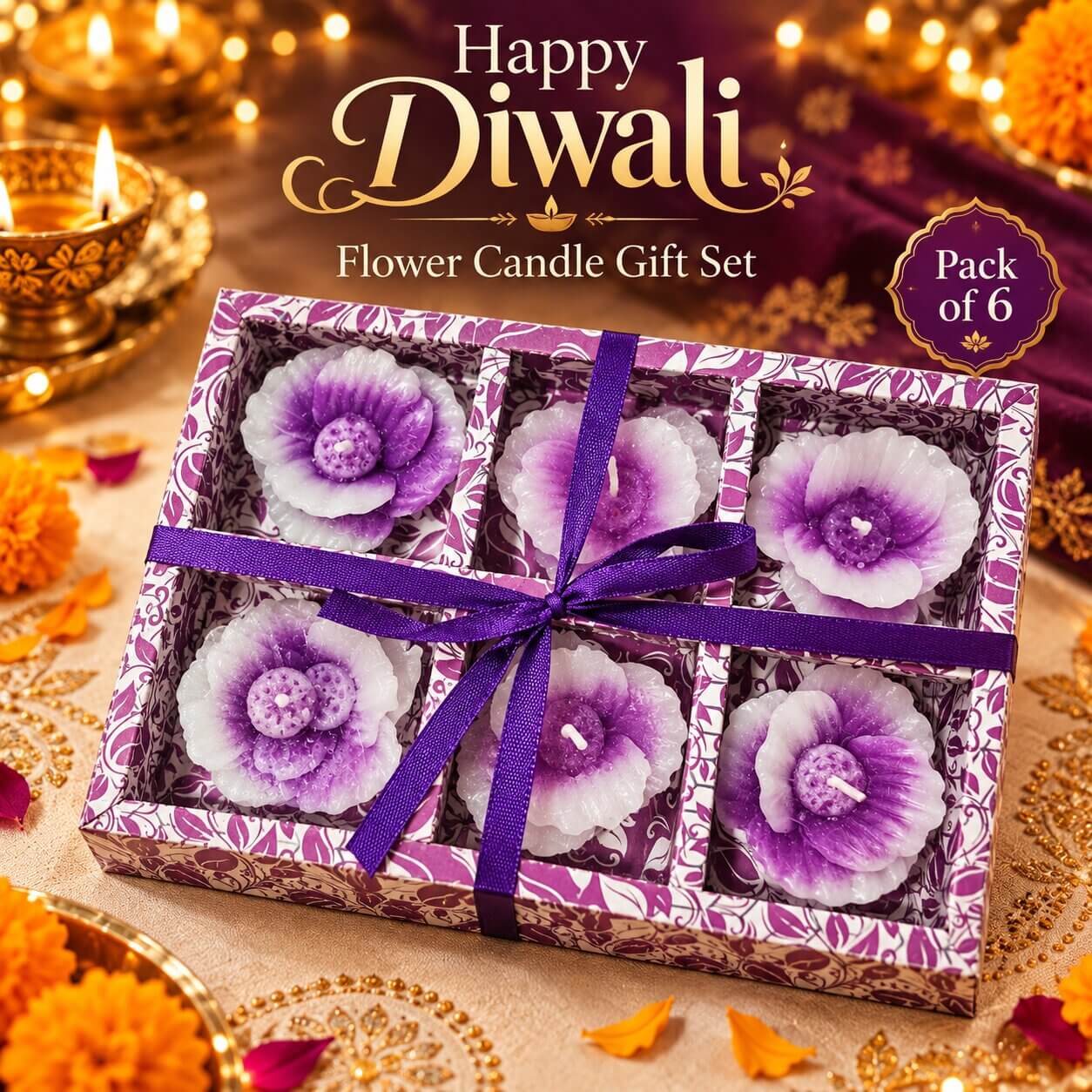 Diwali Bloom Flower Candle Gift Set – Pack of 6 (white & purple) – Heartly Wishes