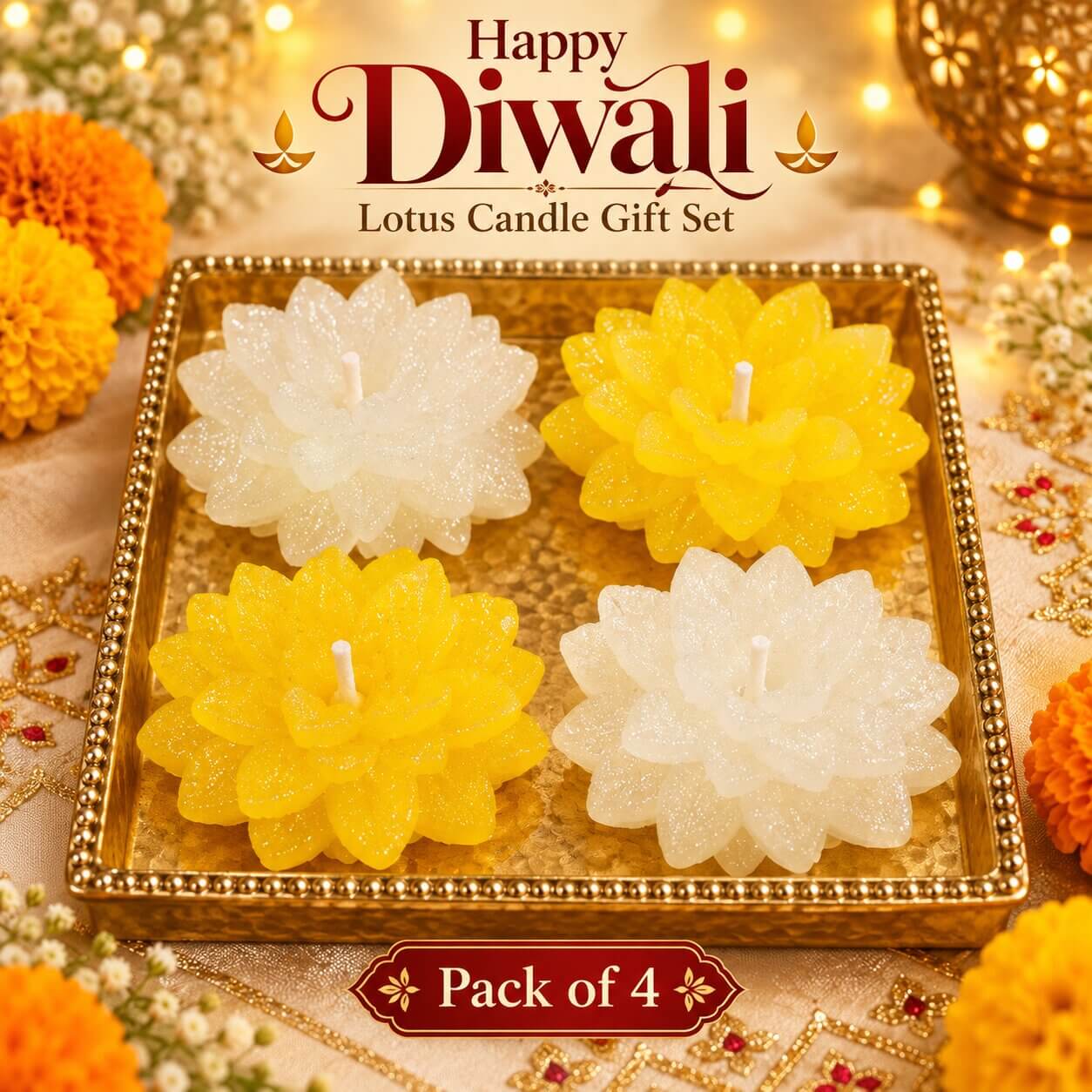 Festive Glow Lotus Candle Gift Set – Pack of 4 (Yellow and White) – Heartly Wishes