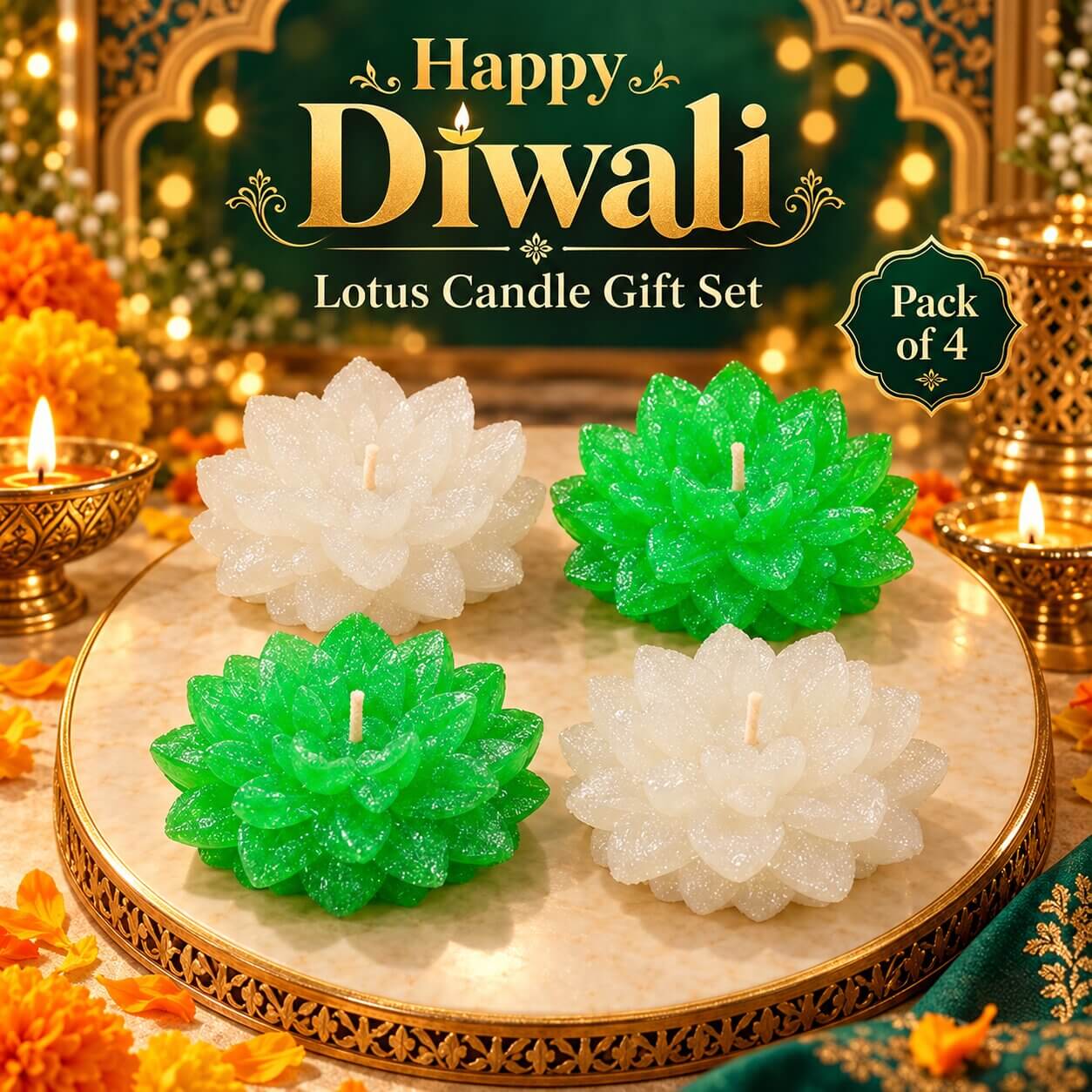 Festive Glow Lotus Candle Gift Set – Pack of 4 (Green and White) – Heartly Wishes