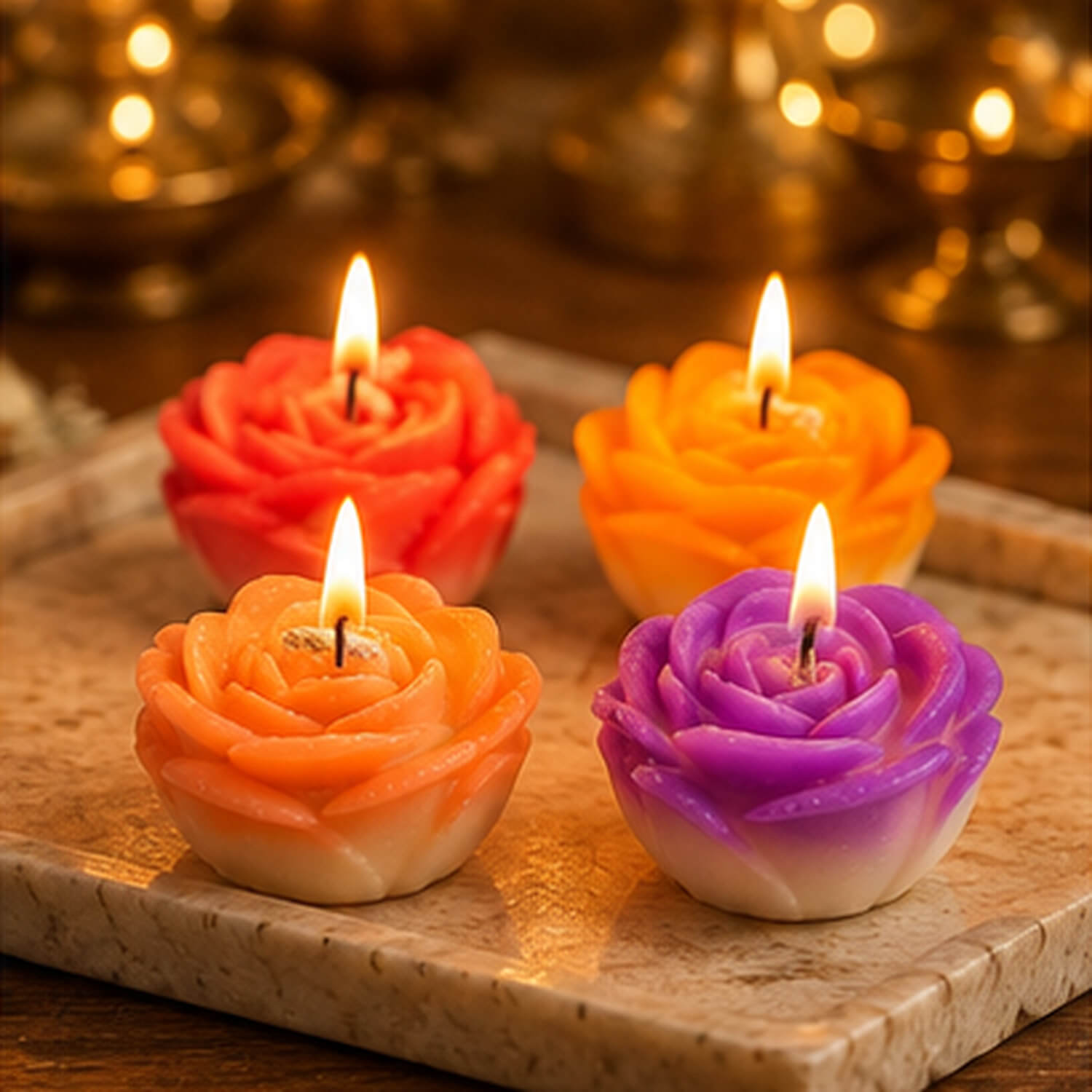 Colourful Rose Bloom Candle Set – Pack of 4 – Heartly Wishes